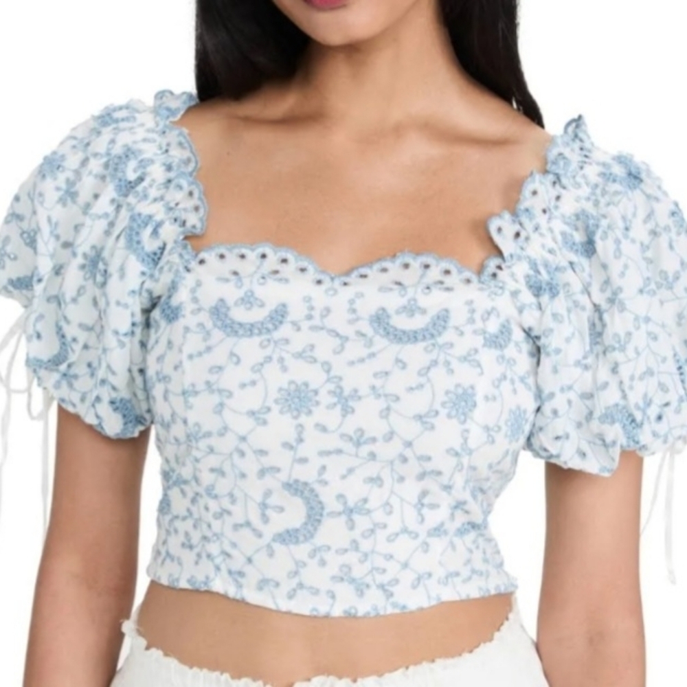 LoveShackFancy Sz 2 Blue and White Cropped Peasant Floral Blouse Side Zip
